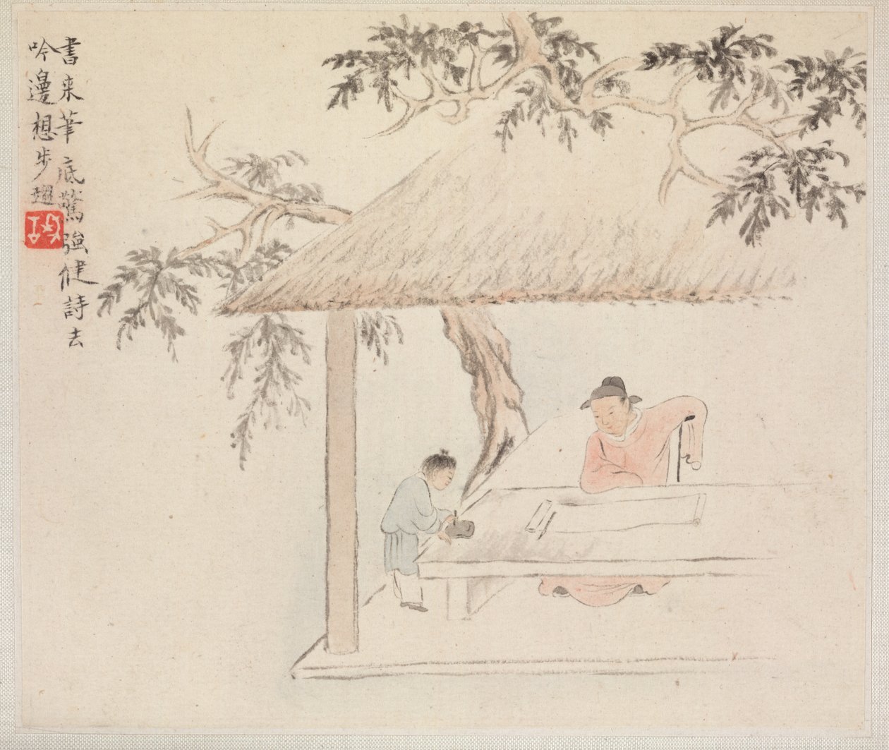 Álbum de pinturas de paisagens que ilustram poemas antigos: um homem se senta à mesa ..., década de 1700. de Hua Yan