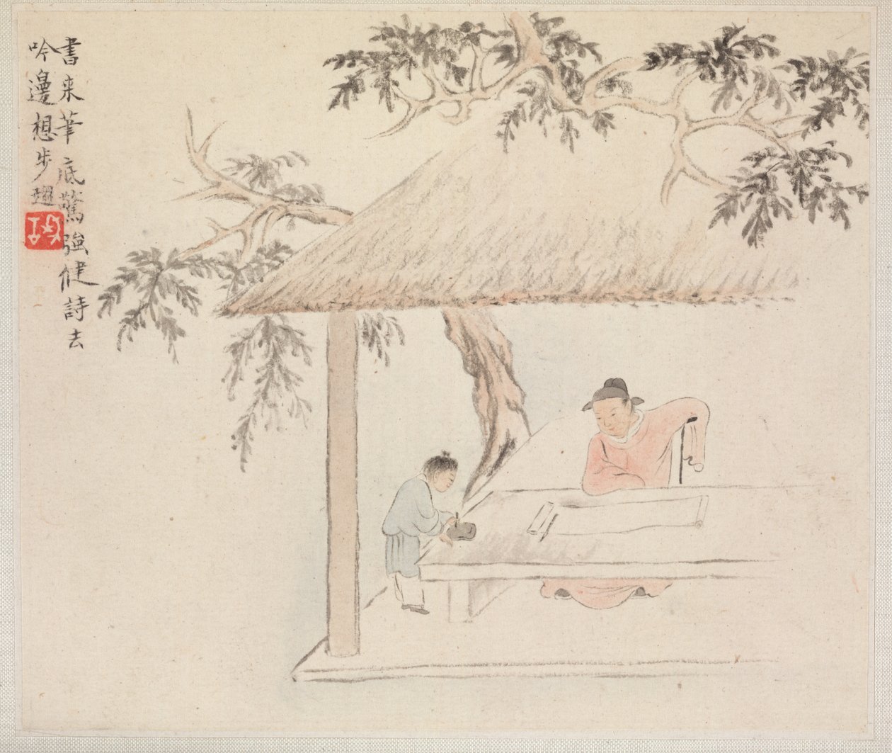 Álbum de Pinturas de Paisagens Ilustrando Poemas Antigos: Um Homem Senta-se à Mesa diante de um Pergaminho Aberto; um menino mistura tinta de Hua Yan