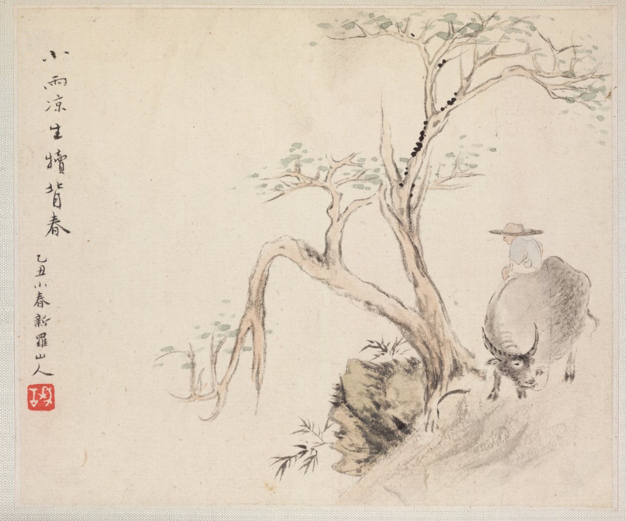 Álbum de pinturas de paisagem que ilustram poemas antigos: um homem sentado em um búfalo de água de Hua Yan