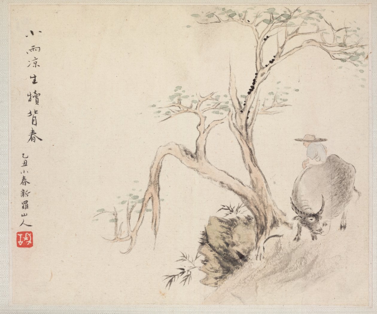 Álbum de pinturas de paisagens que ilustram poemas antigos: um homem senta-se em um búfalo de água, década de 1700. de Hua Yan