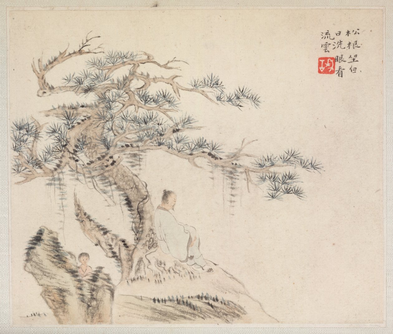 Álbum de pinturas de paisagens ilustrando poemas antigos: um velho senta-se sob um pinheiro ..., anos 1700. de Hua Yan