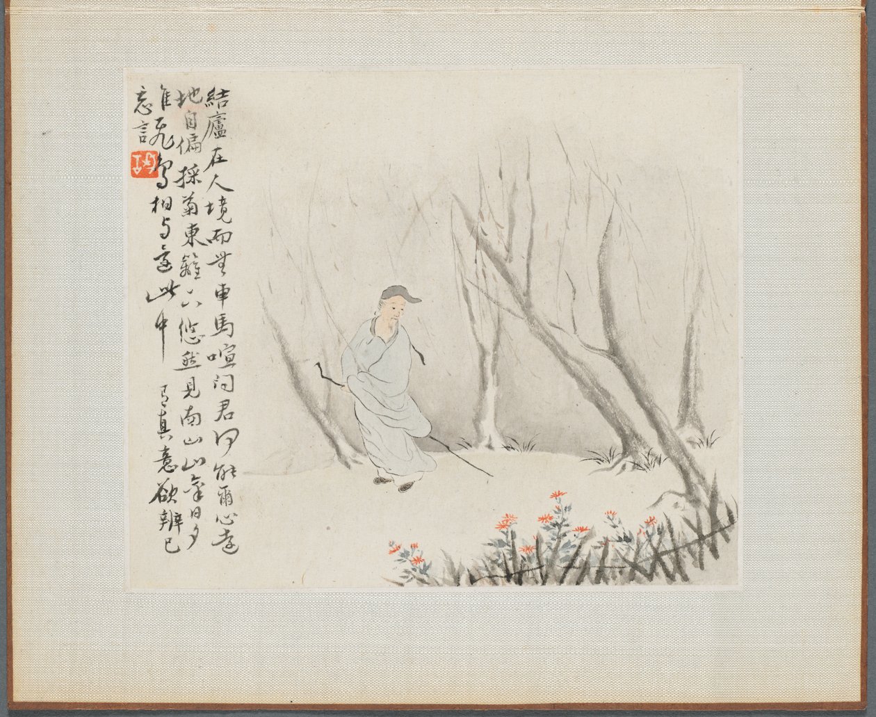 Álbum de pinturas de paisagens que ilustram poemas antigos: um homem velho com uma equipe, década de 1700. de Hua Yan
