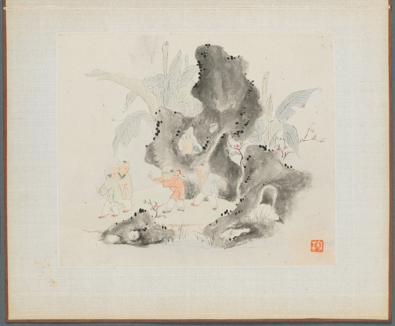 Álbum de pinturas de paisagens ilustrando poemas antigos: as crianças brincam em um bosque rochoso, década de 1700. de Hua Yan