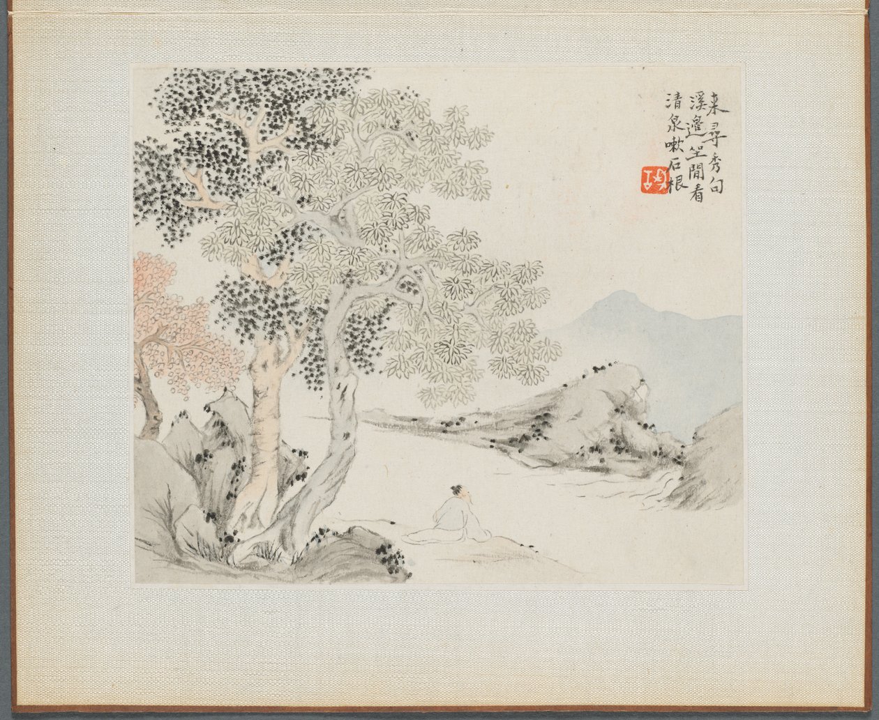 Álbum de pinturas de paisagens ilustrando poemas antigos: três grandes árvores, um riacho ..., década de 1700. de Hua Yan