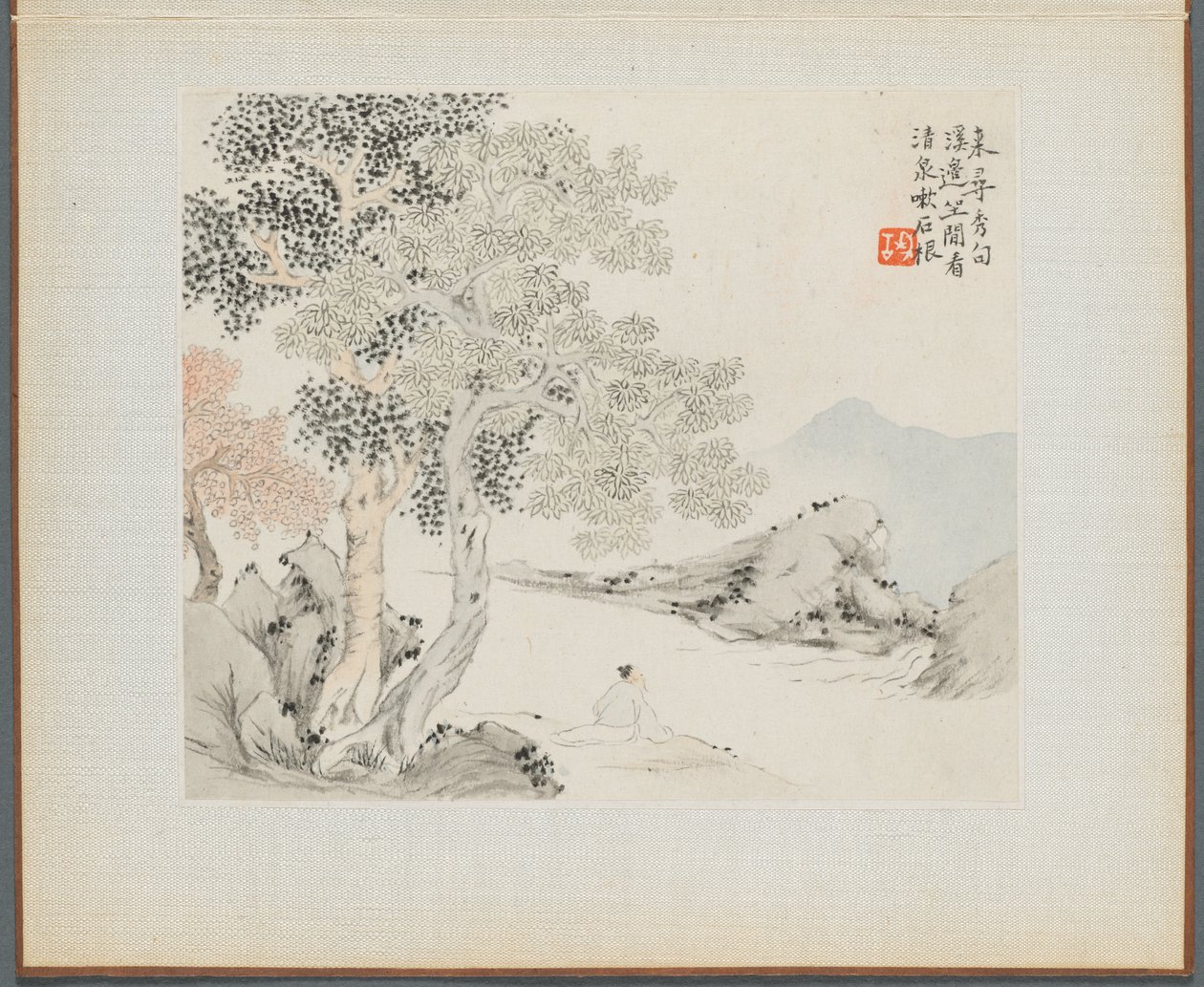 Álbum de pinturas de paisagem ilustrando poemas antigos: três grandes árvores, um riacho com um velho sentado na margem de Hua Yan