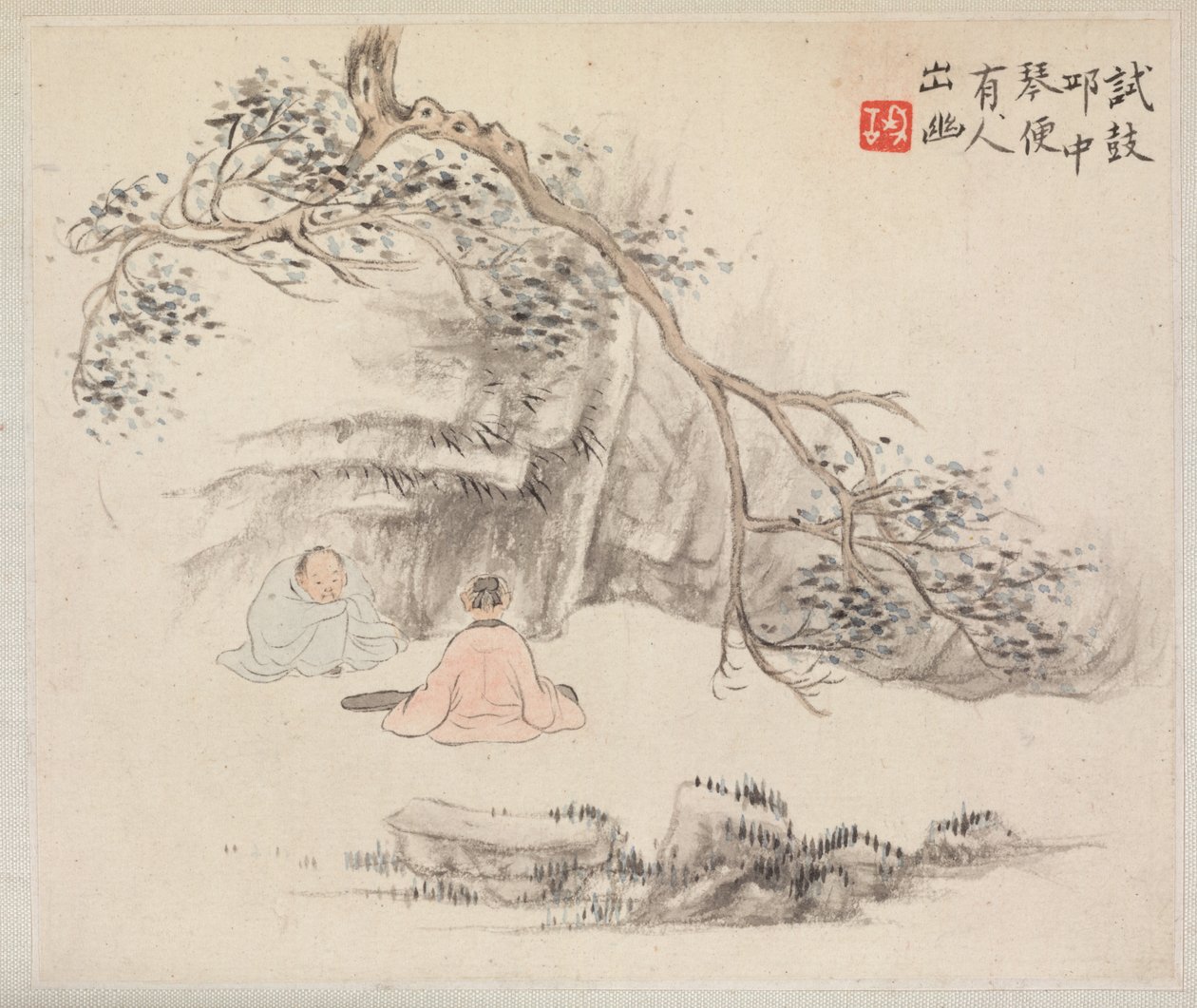 Álbum de pinturas de paisagens ilustrando poemas antigos: duas figuras do lado de fora ..., década de 1700. de Hua Yan