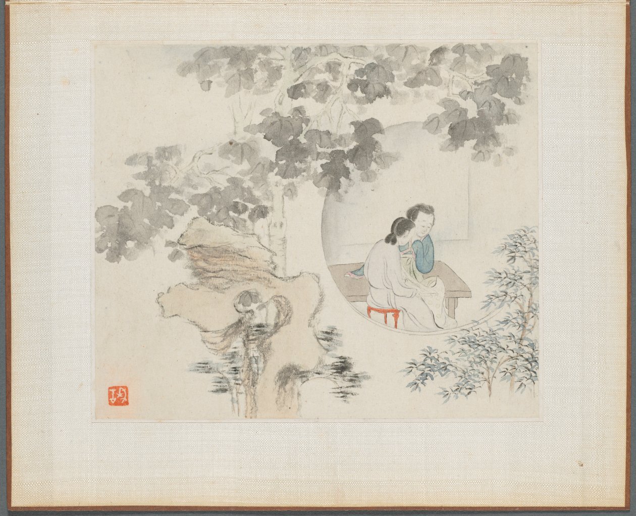 Álbum de pinturas de paisagens ilustrando velhos poemas: duas mulheres sentam-se à mesa ..., década de 1700. de Hua Yan