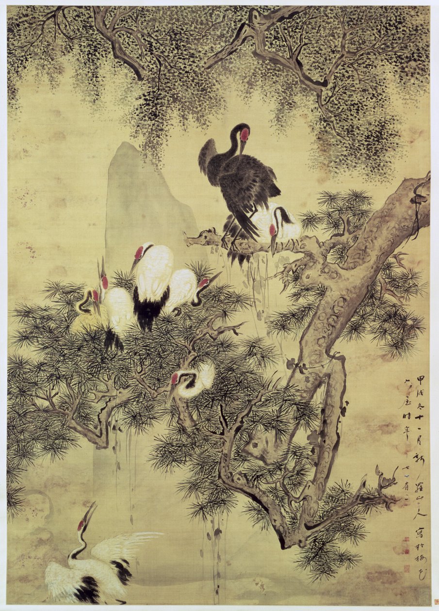 Oito garças-de-crista-vermelha em um pinheiro, 1754 de Hua Yan
