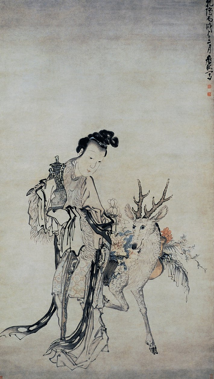 Ma-gu segurando um vaso, com um veado de Huang Shen