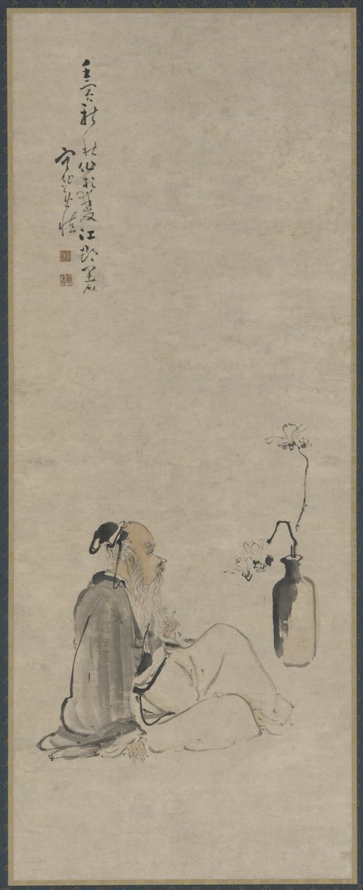 Velho olhando para ramos de magnólia em um vaso, dinastia Qing, 1722 (tinta e cor no papel) de Huang Shen