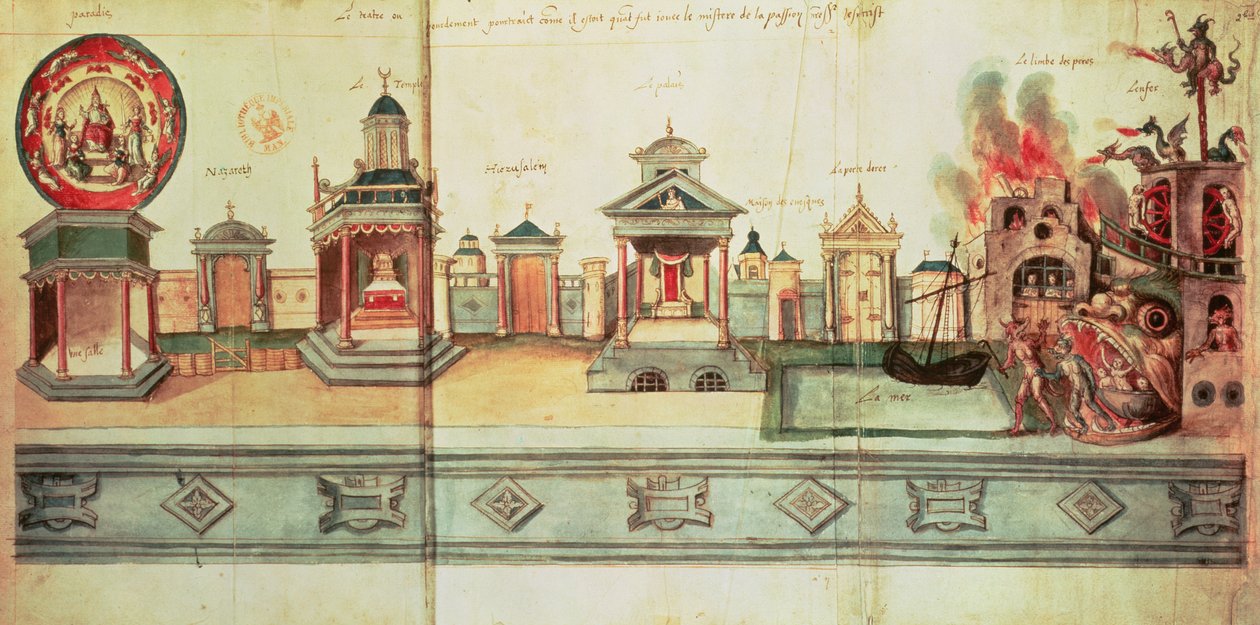 Ms fr.12536 f.2 O Cenário de Mistério de Valenciennes, 1547 (guache e tinta) de Hubert Cailleau