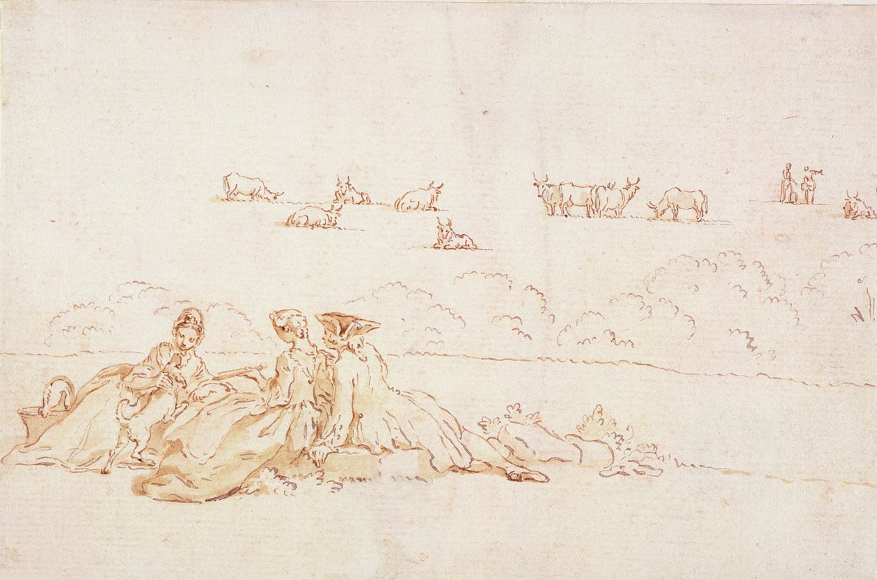 Um piquenique: Duas senhoras e um cavalheiro (lavagem marrom com caneta e tinta marrom sobre giz vermelho sobre papel) de Hubert Francois Gravelot