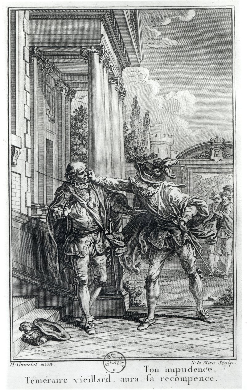 Cena de luta, ilustração para &39;Le Cid&39; (1637) por Pierre Corneille (1606-84) gravada por Noel Le Mire (1724-1800) 1762 de Hubert Francois Gravelot