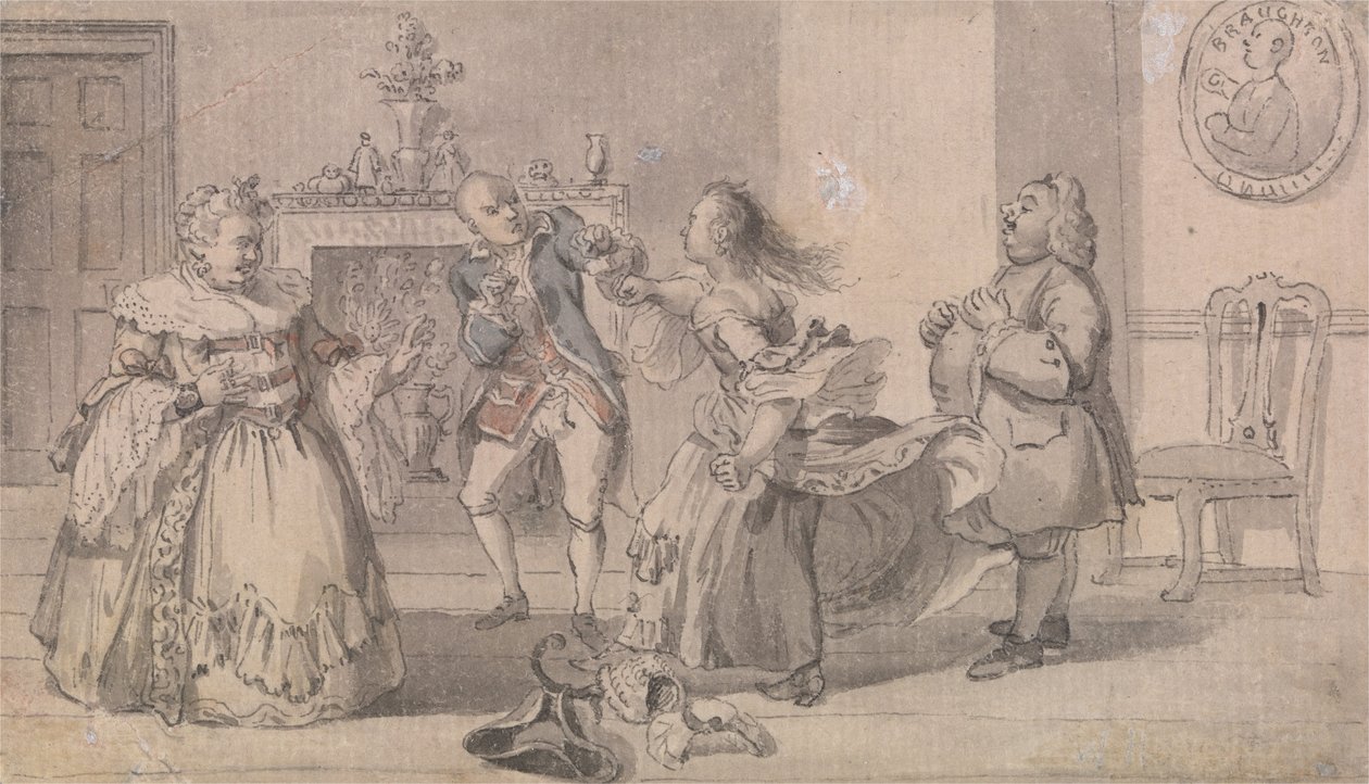 Fisticuffs matrimoniais, com um retrato do pugilista John Broughton, no fundo de Hubert Francois Gravelot