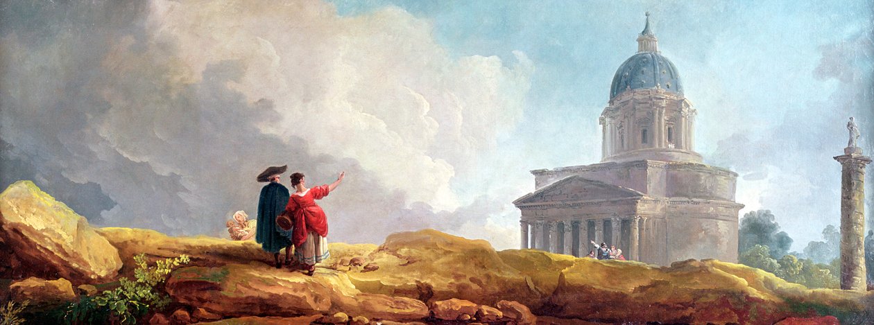 Uma igreja exibida para um viajante em uma extensa paisagem de Hubert Robert