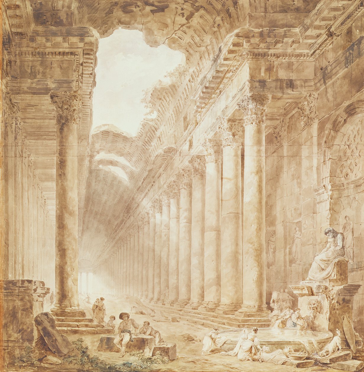 Uma colunata em ruínas, 1780 (caneta e tinta sobre papel) de Hubert Robert
