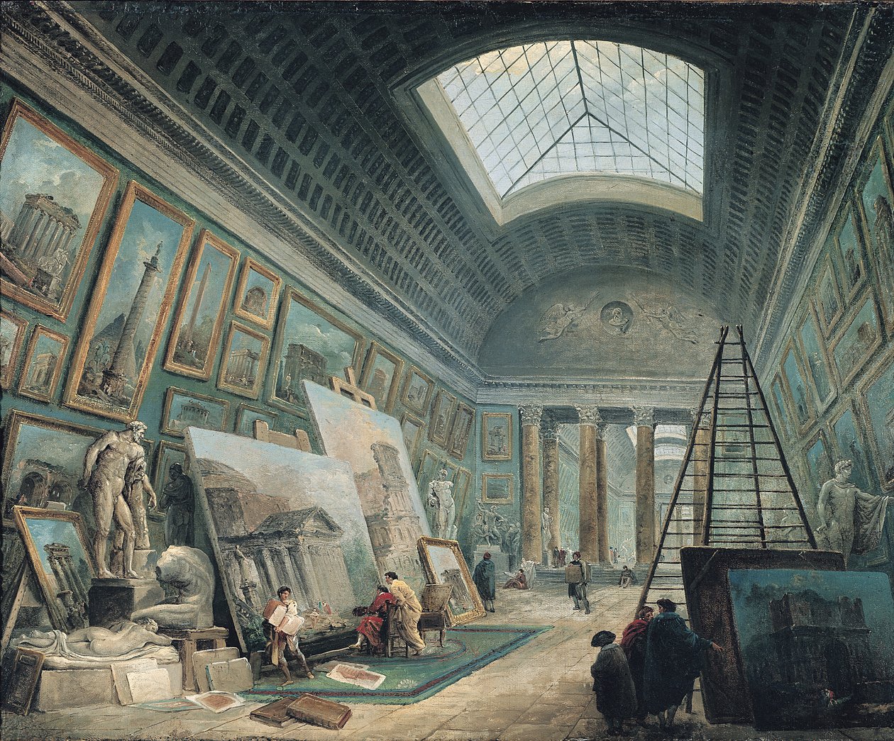 Uma galeria de museus com arte romana antiga, antes de 1800 de Hubert Robert
