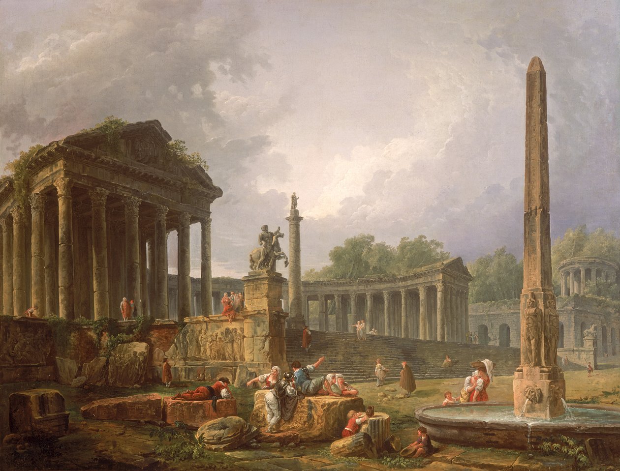 Capriccio arquitectónico com templo e obelisco, 1798 de Hubert Robert