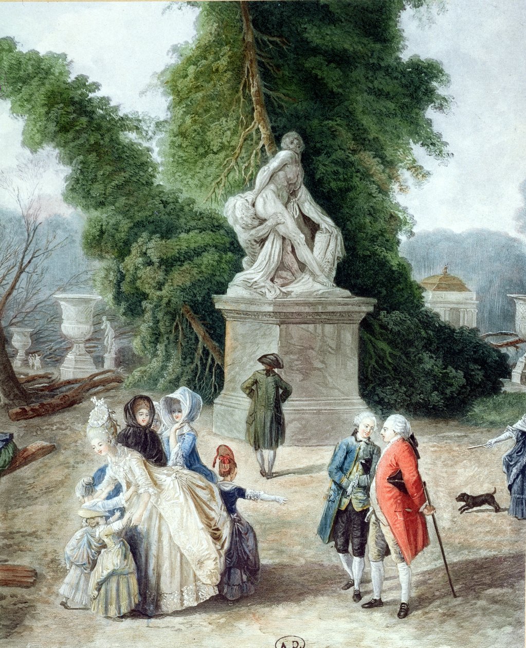 Luís XVI (1754-1793) e Maria Antonieta (1755-1793) na entrada dos Tapis Vert nos jardins de Versalhes, 1775 (gravura a cores) (detalhe) de Hubert Robert