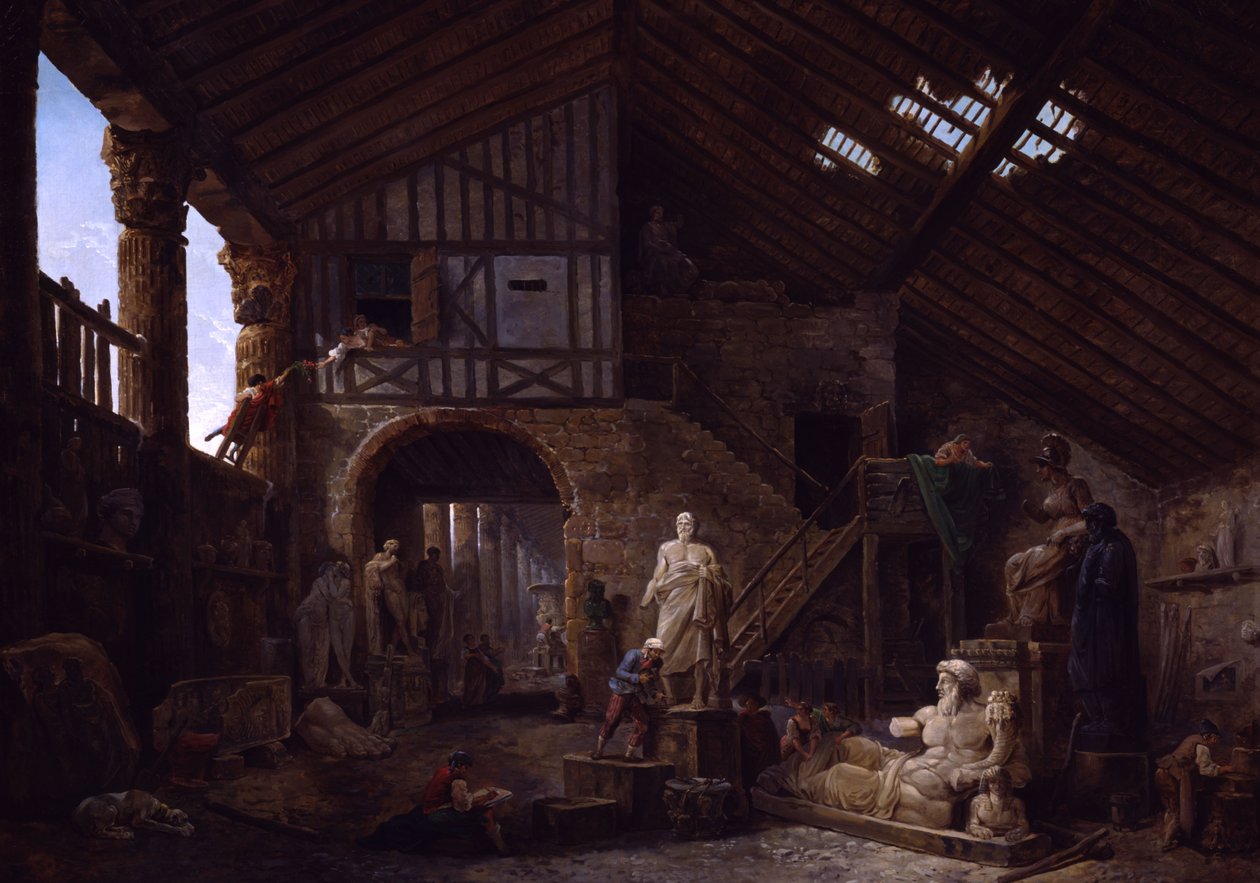 Estúdio de um restaurador de antiguidades em Roma de Hubert Robert