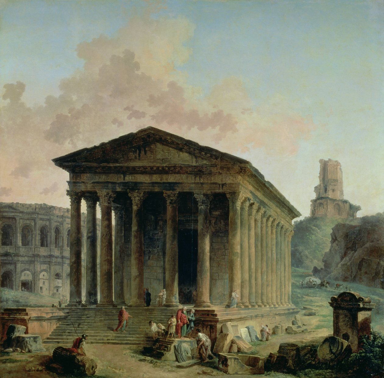 O Maison Carree com o Anfiteatro e o Tour Magne em Nimes, 1786-87 de Hubert Robert