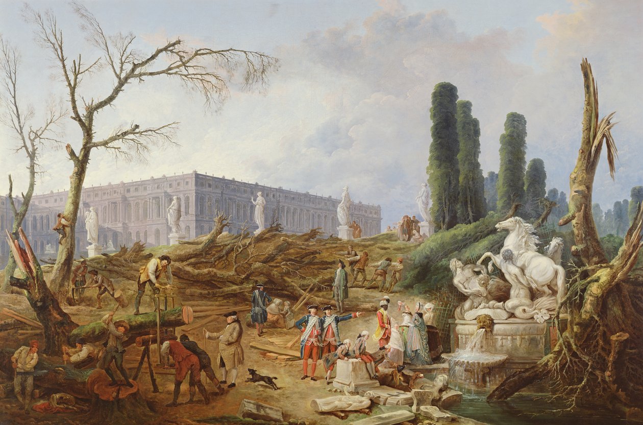 Árvore derrubada no jardim de Versalhes em torno dos banhos de Apolo, 1775-77 de Hubert Robert
