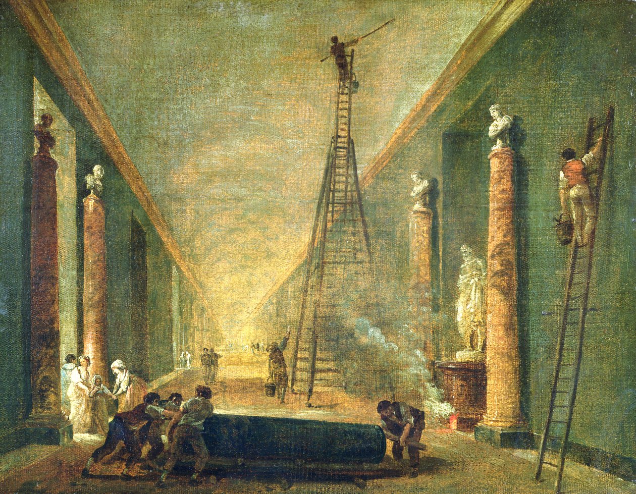 Vista da grande galeria do Louvre durante a restauração, 1798-99 de Hubert Robert