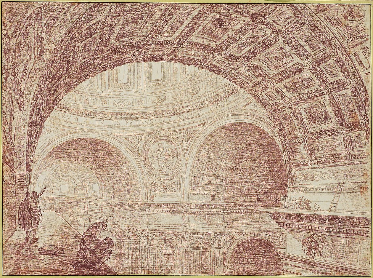 Vista do Volteio de São Pedro Retirado de uma Cornija Superior, c.1763 (giz vermelho sobre papel) de Hubert Robert
