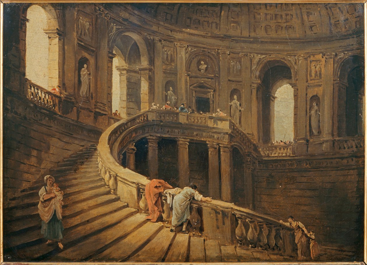A escada em espiral do palácio Farnese em Caprarola - A escada em espiral do palácio Farnese em Caprarola ... de Hubert (circle of) Robert