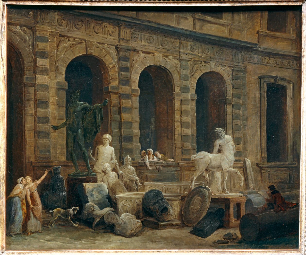 O desenhador de antiguidades em frente à Petite Galerie do Louvre ... de Hubert (circle of) Robert
