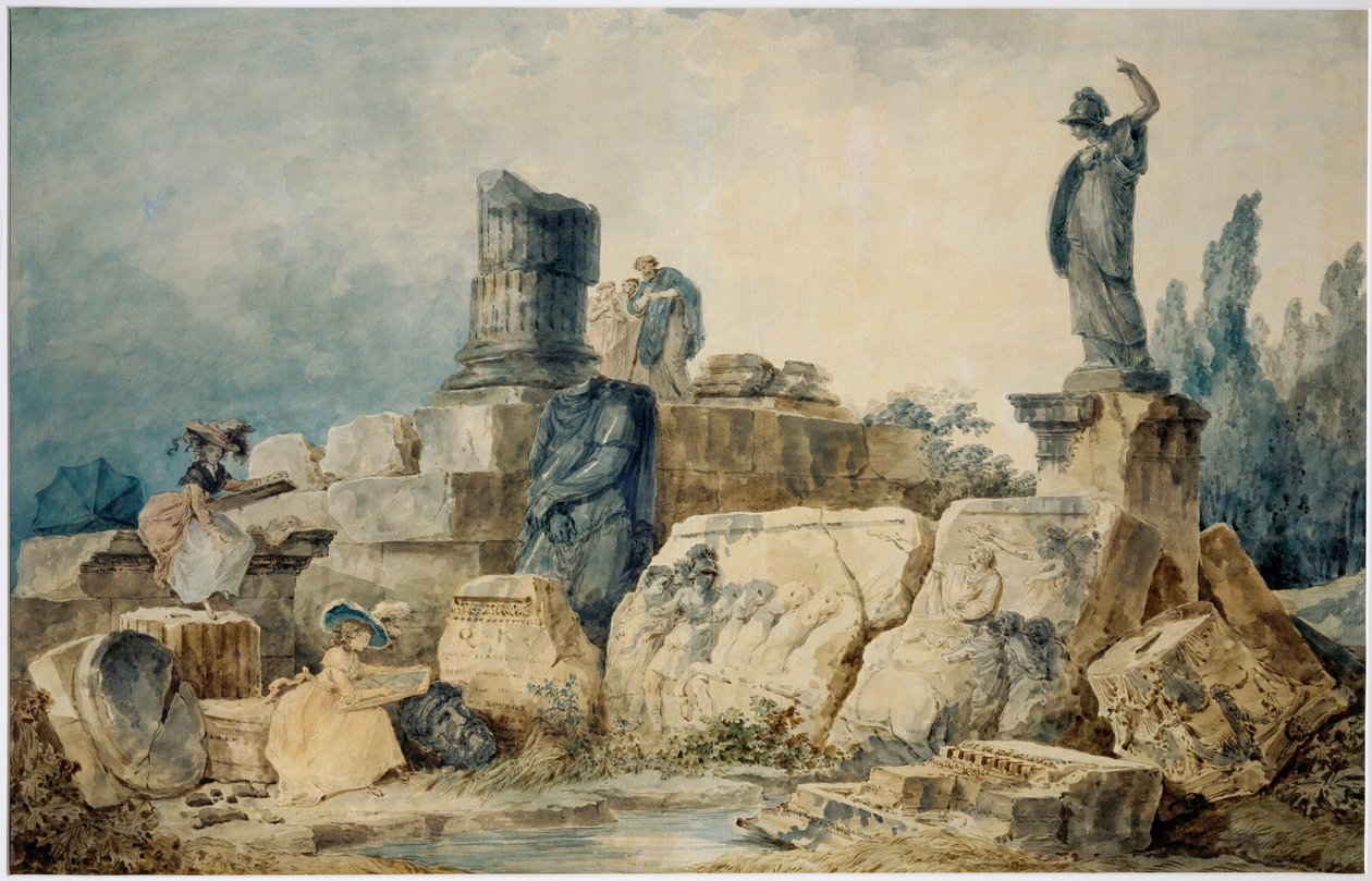Duas jovens desenham as ruínas de Roma, três figuras com roupas antigas observam-nas de cima ... de Hubert (circle of) Robert