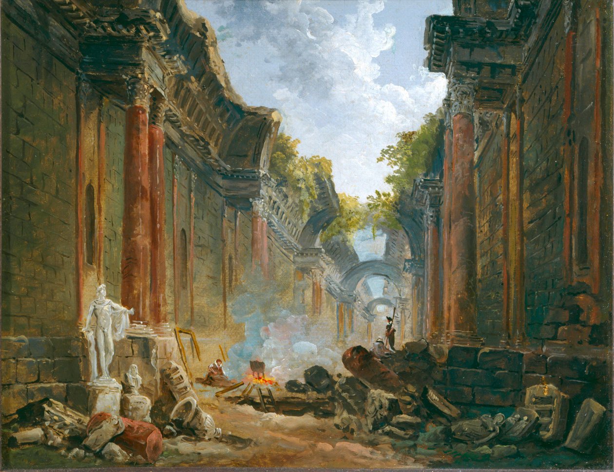 Vue imaginaire de la Grande Galerie en ruine - Vista imaginária da Grande Galeria em ruínas ... de Hubert (circle of) Robert