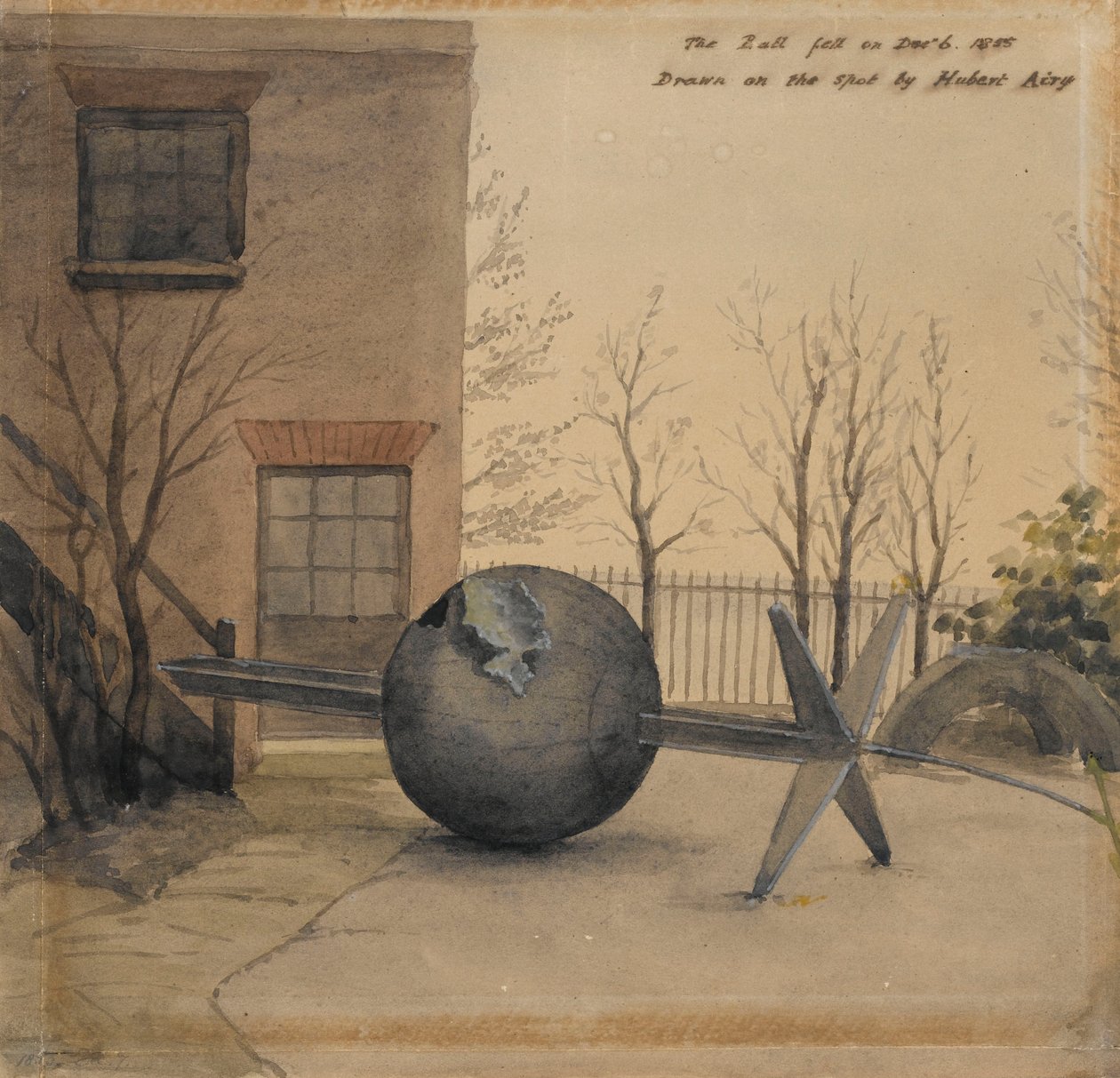 Bola do tempo caída no pátio do Observatório Real, Greenwich, dezembro de 1855 (aguarela) de Hubert Airy