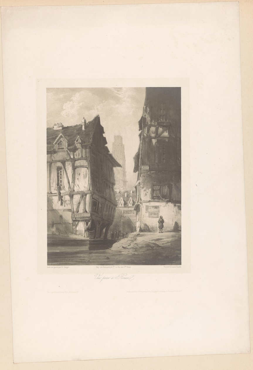 Vista das casas e da catedral em Rouen Vue Prize à Rouen (título no objeto) Fragmentos de paisagens (título da série) Fragments de paysages (título da série) de Hubert Clerget