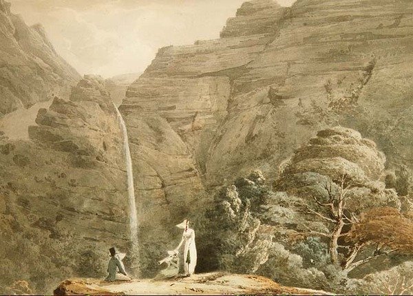 Visitando a catarata em Dol-y-Melynen, perto de Dolgelly, País de Gales (lápis e aquarela) de Hubert Cornish
