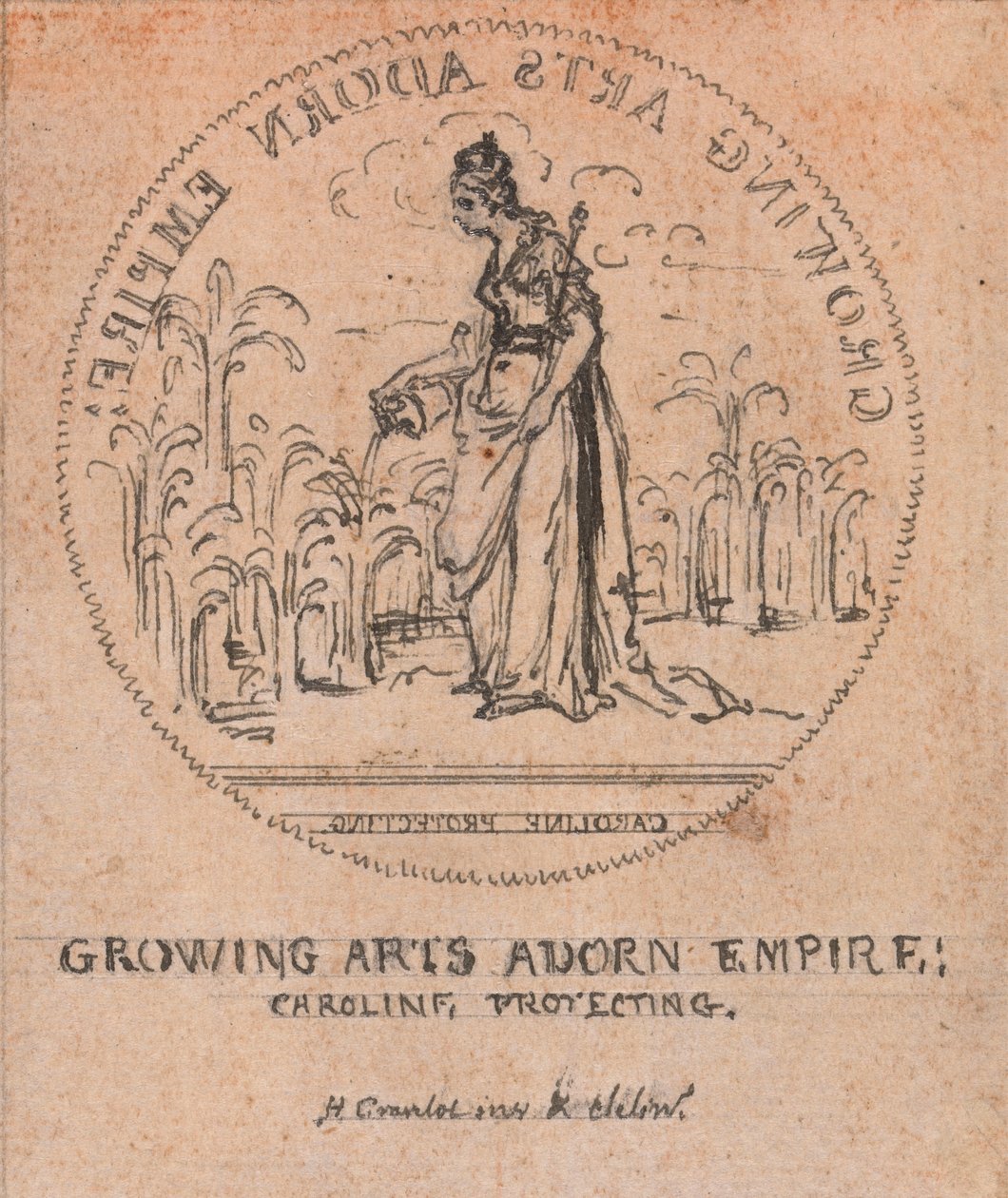 Design para uma Medalha: Growing Arts Adorn Empire, Caroline Protecting de Hubert Francois Gravelot