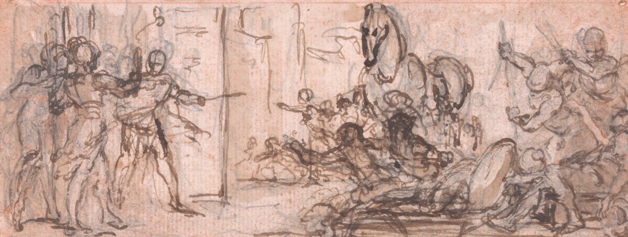 Desenho para uma Gravura: Batalha de Tróia com o Cavalo de Tróia de Hubert Francois Gravelot