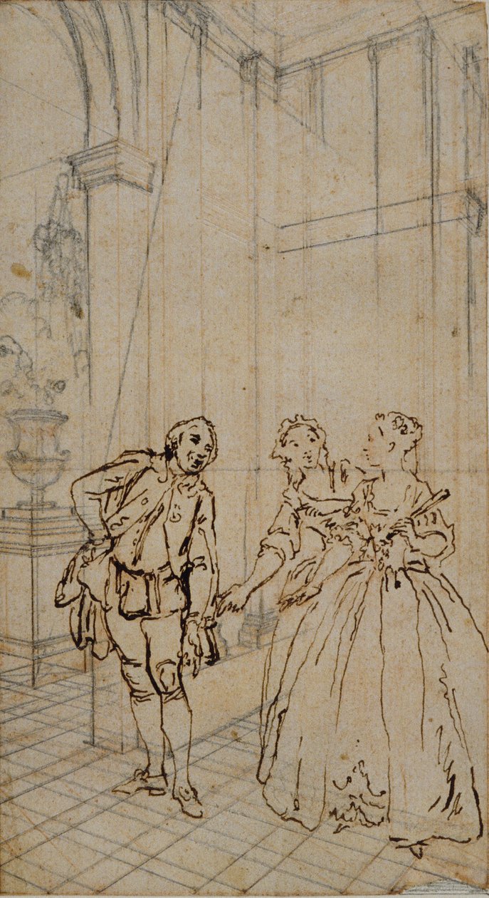 Ilustração literária com cavalheiro e duas senhoras no interior de Hubert Francois Gravelot