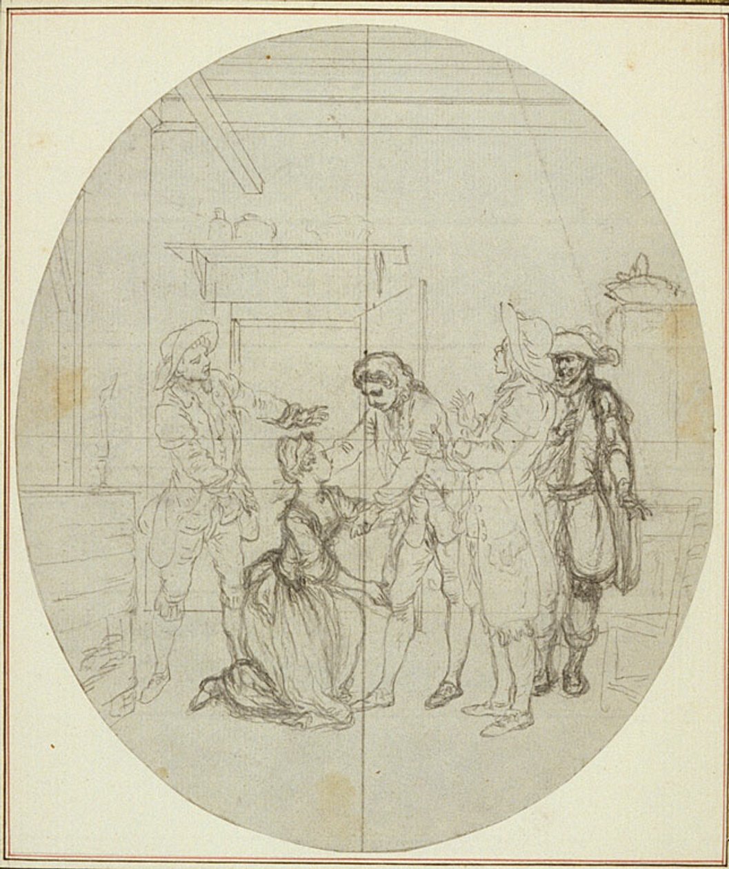 Estudo para uma segunda edição, nunca publicada, da obra de Colle "La Partie de Chasse de Henri IV", Ato III, Cena 11 de Hubert Francois Gravelot