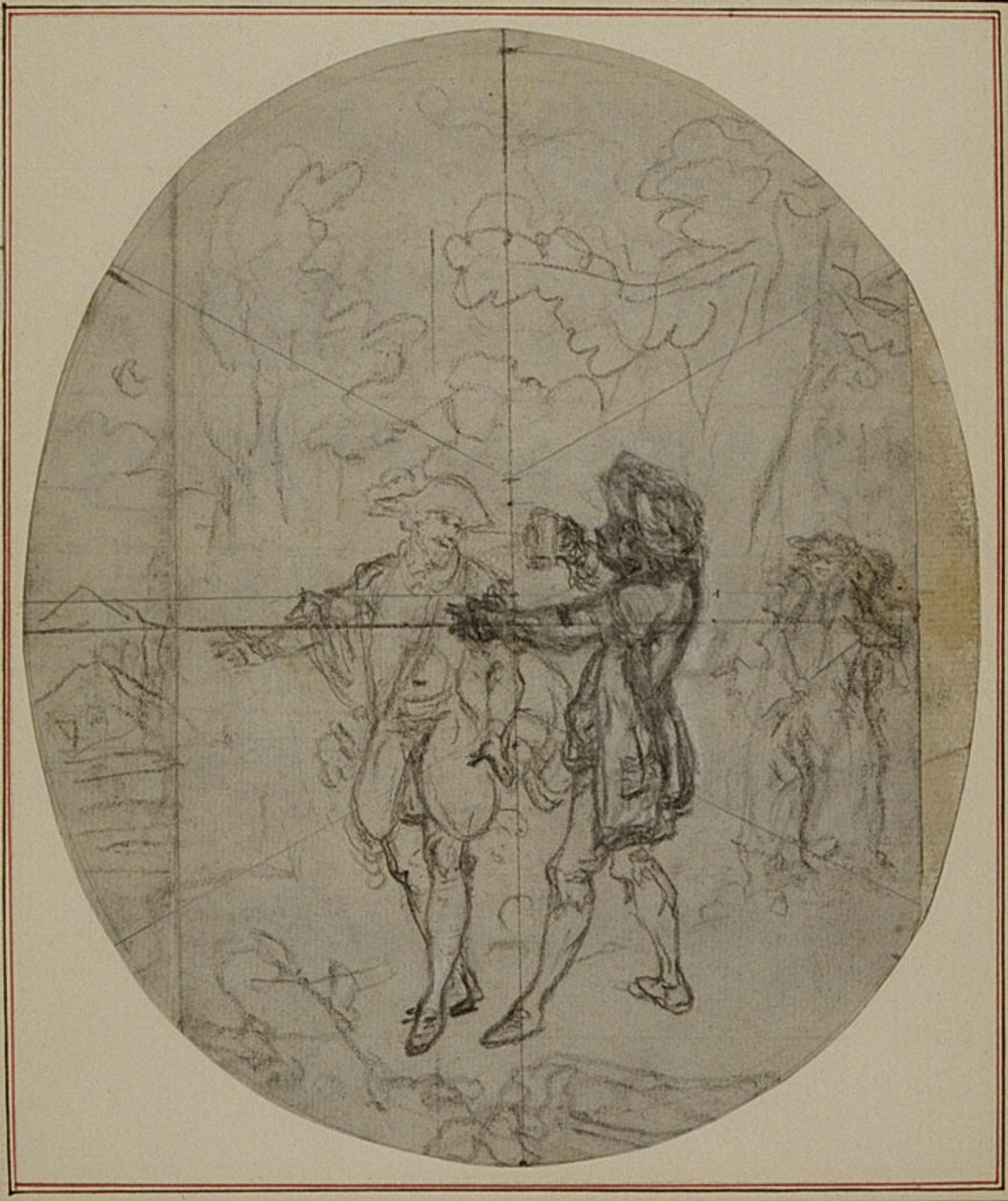 Estudo para uma segunda edição, nunca publicada, da peça de Colle "La Partie de Chasse de Henri IV", Ato II, Cena 11 de Hubert Francois Gravelot