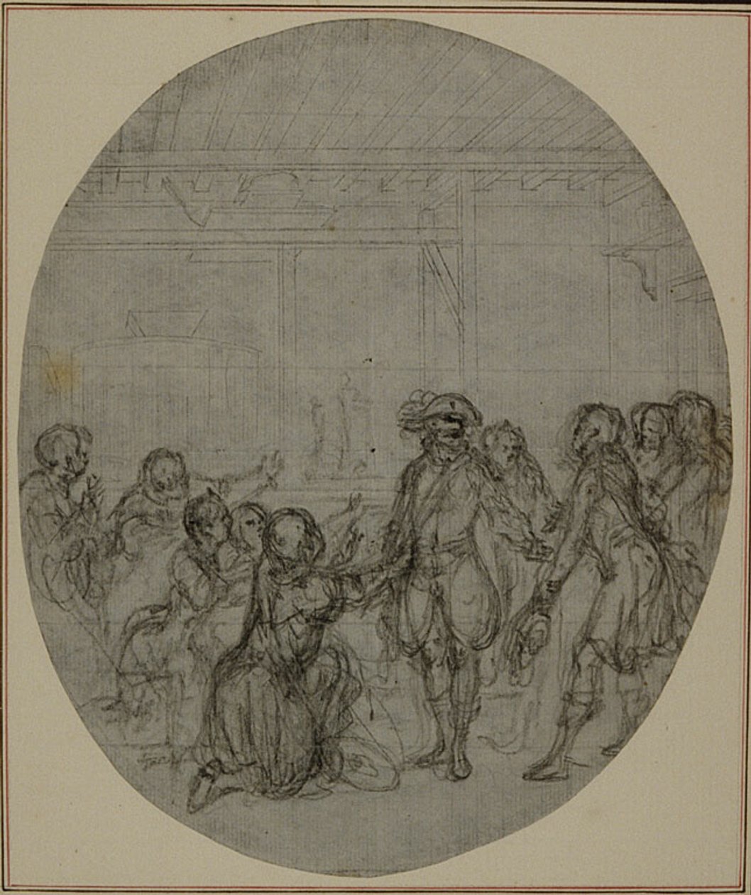 Estudo para uma segunda edição, nunca publicada, da peça de Colle "La Partie de Chasse de Henri IV", Ato III, Cena 13 de Hubert Francois Gravelot