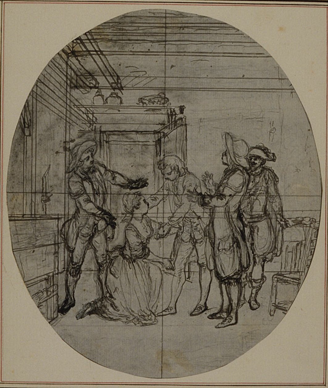 Estudo para uma segunda edição, nunca publicada, da obra de Colle "La Partie de Chasse de Henri IV", Ato III, Cena 11 de Hubert Francois Gravelot