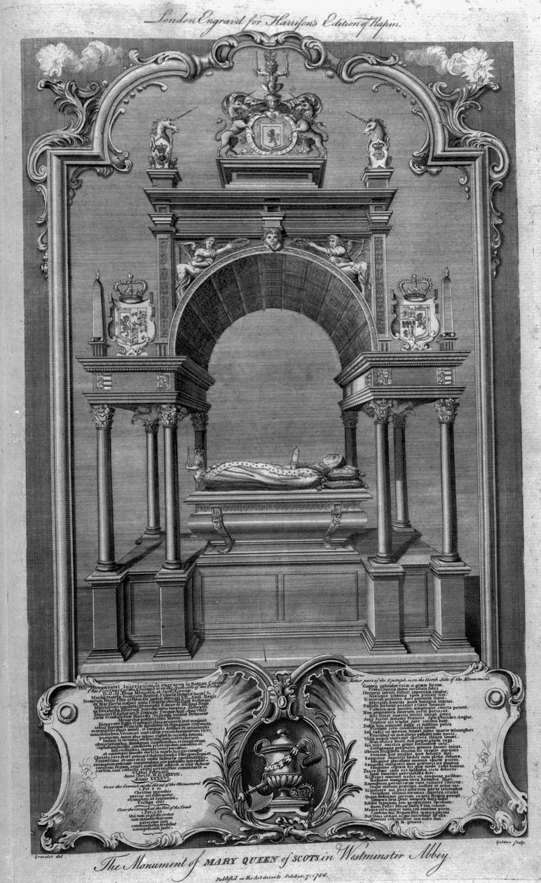 O Monumento de Maria Rainha dos Escoceses na Abadia de Westminster, ilustração da "História da Inglaterra" de Rapin, gravada por John Goldar, 1786 de Hubert Francois Gravelot