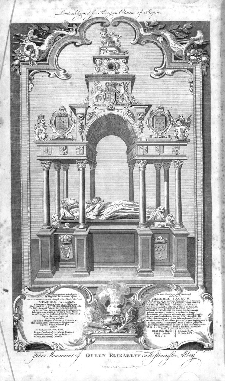 O Monumento da Rainha Elizabeth na Abadia de Westminster, ilustração da "História da Inglaterra" de Rapin, gravada por John Goldar, 1786 de Hubert Francois Gravelot