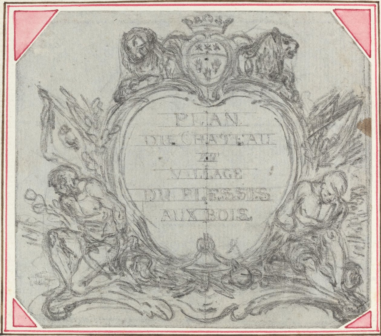 Título Cartouche para um mapa do castelo e vila de Le Plessis aux Bois de Hubert Francois Gravelot