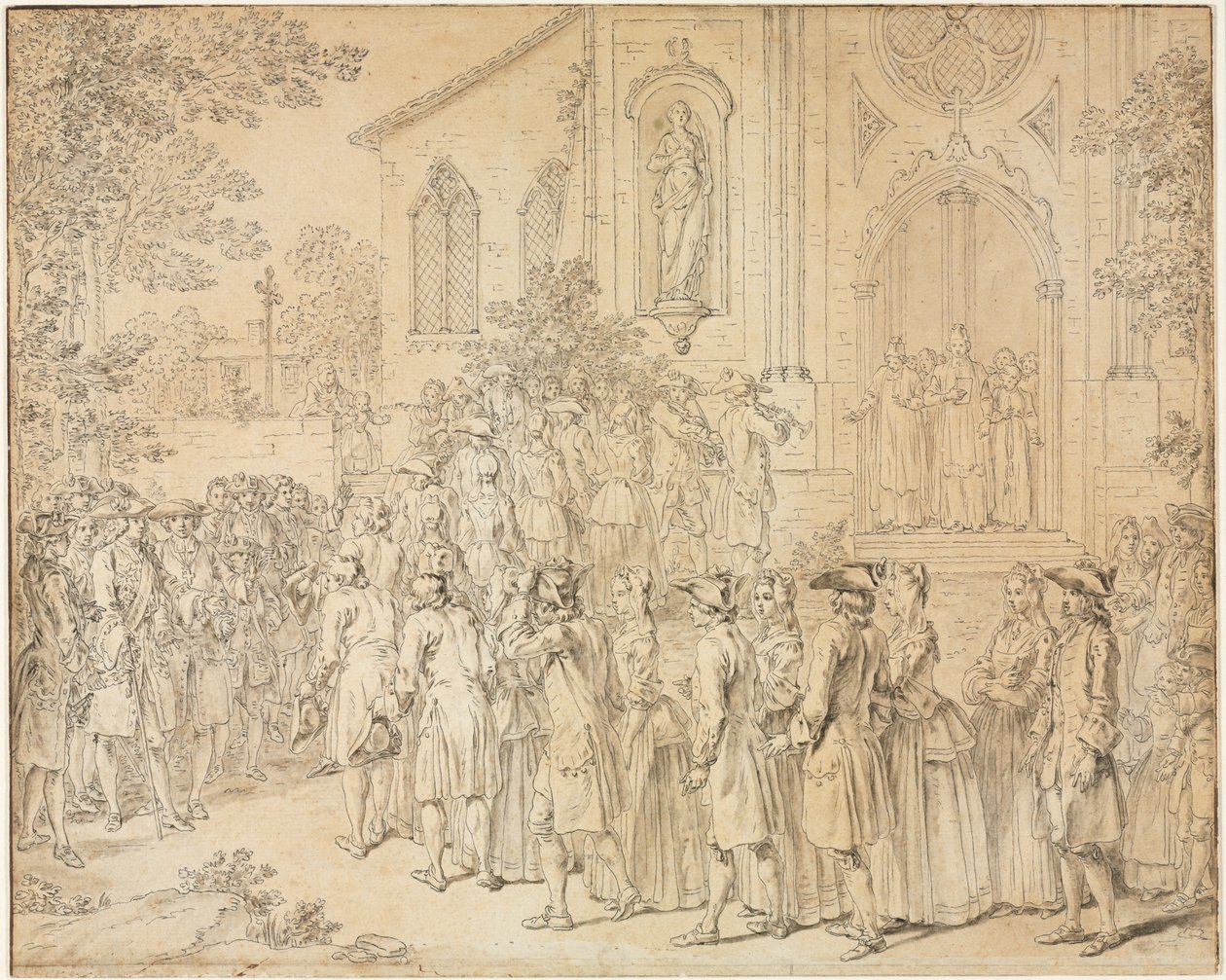 Uma procissão entrando em uma igreja de Hubert François Bourguignon Gravelot