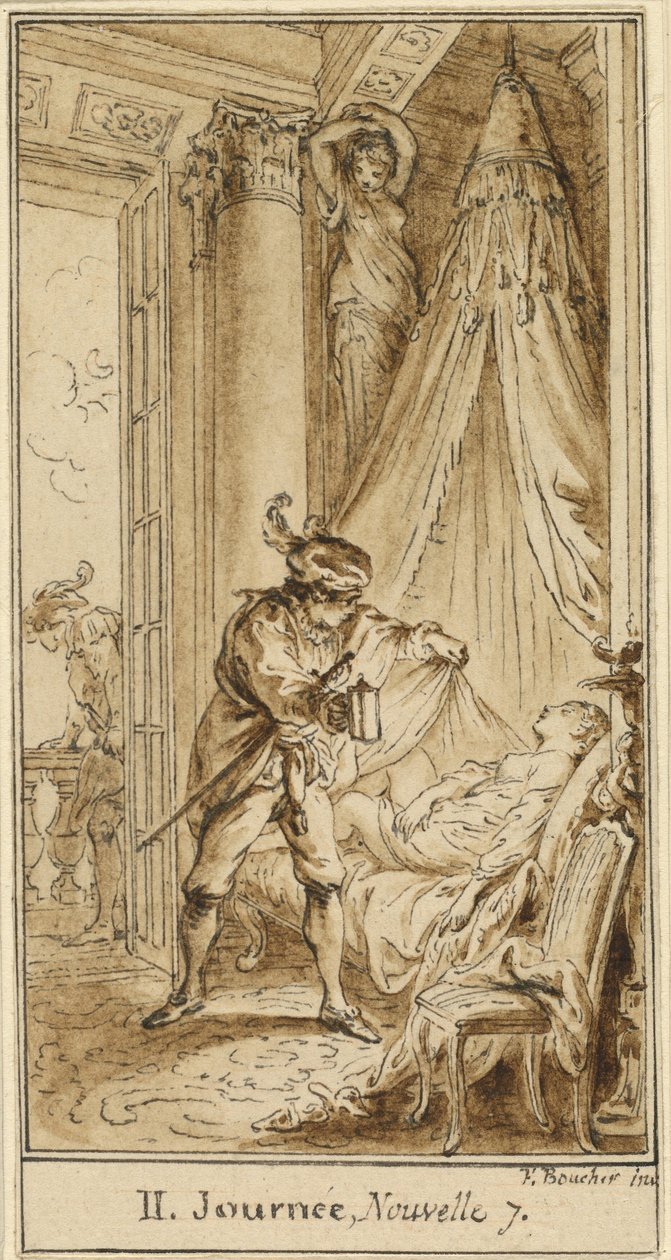 Segundo dia, sétima história: O duque de Atenas contemplando a princesa adormecida Alatiel de Hubert François Gravelot after François Boucher