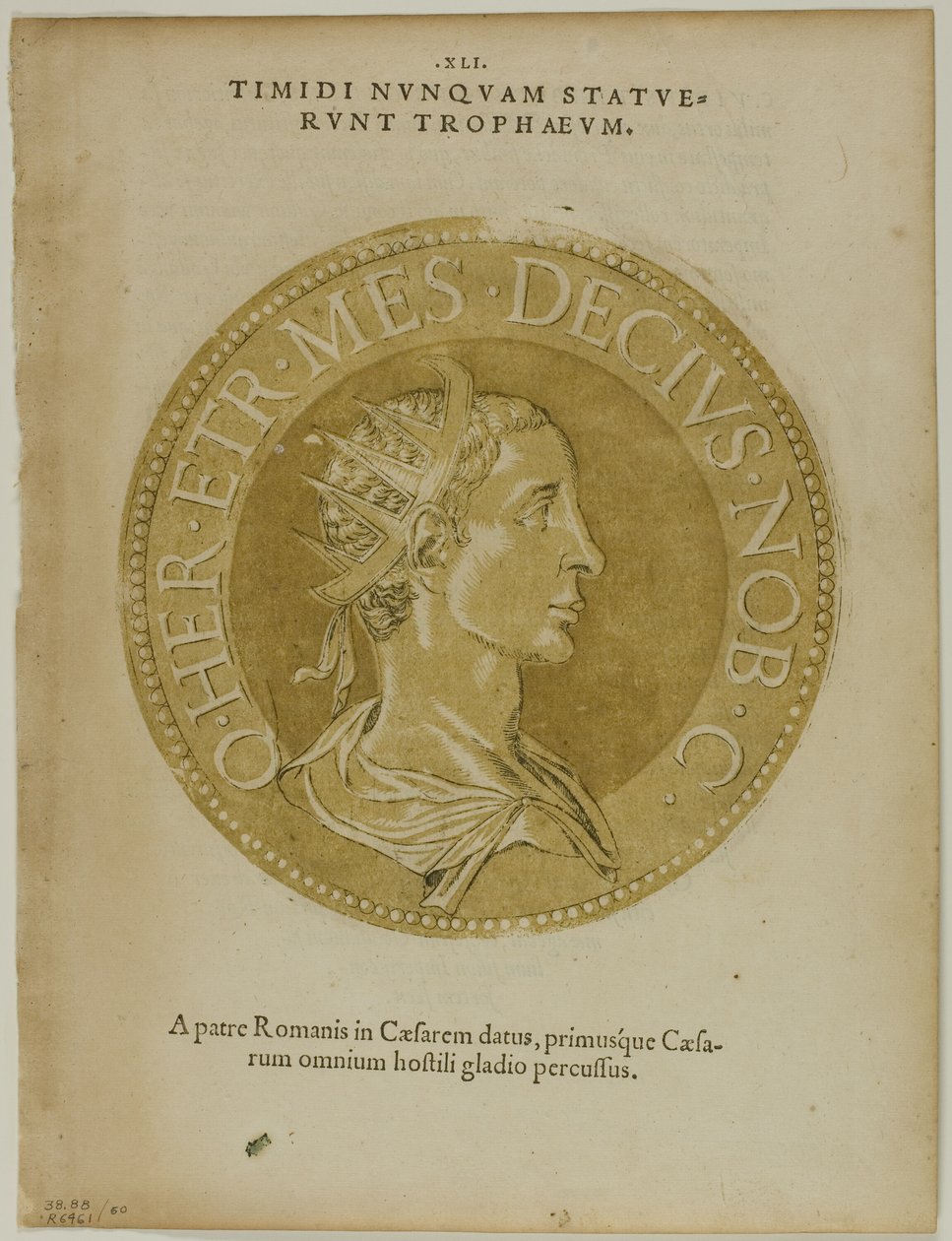 Imperador Décio de Icones Imperatorum Romanorum, placa 60 de xilogravuras de livros do século XVI de Hubert Goltzius