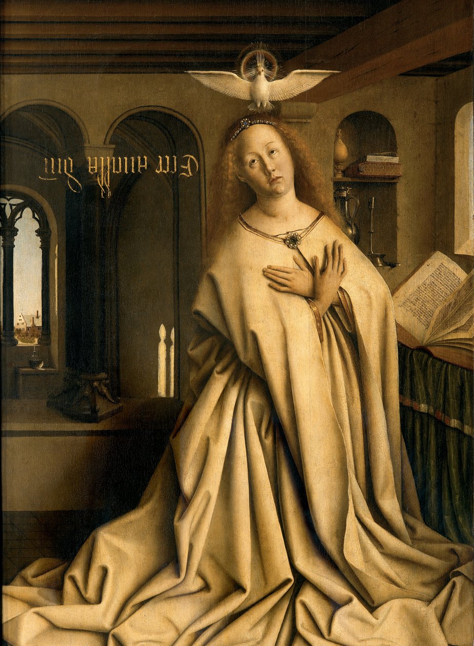 Detalhe de Virgin Annunciate, do exterior do painel direito do Altar de Gand de Hubert & Jan van (1390 1441) Eyck