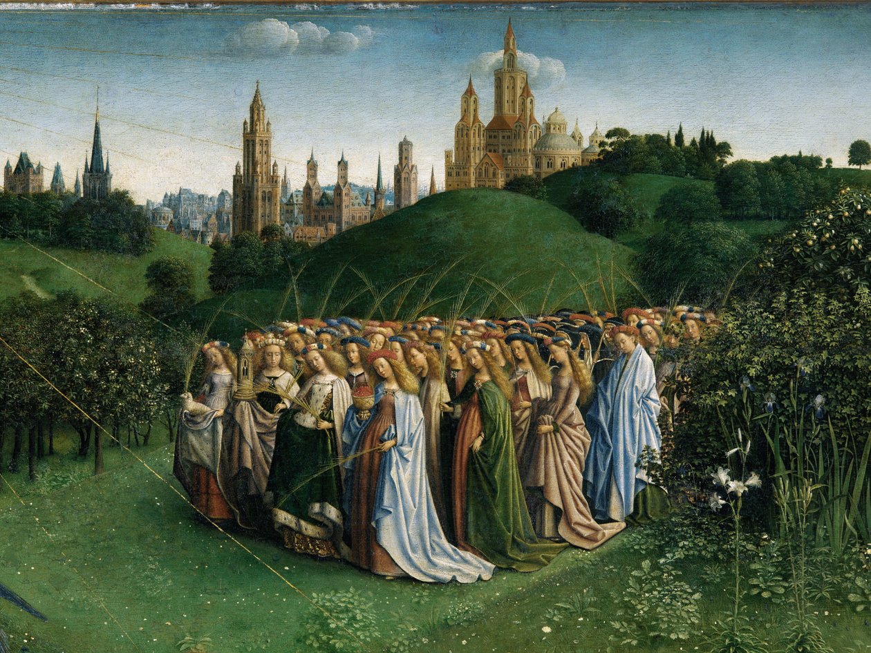 A Adoração do Cordeiro Místico, a partir do Altar de Gand, detalhe da metade inferior do painel central de Hubert & Jan van (1390 1441) Eyck